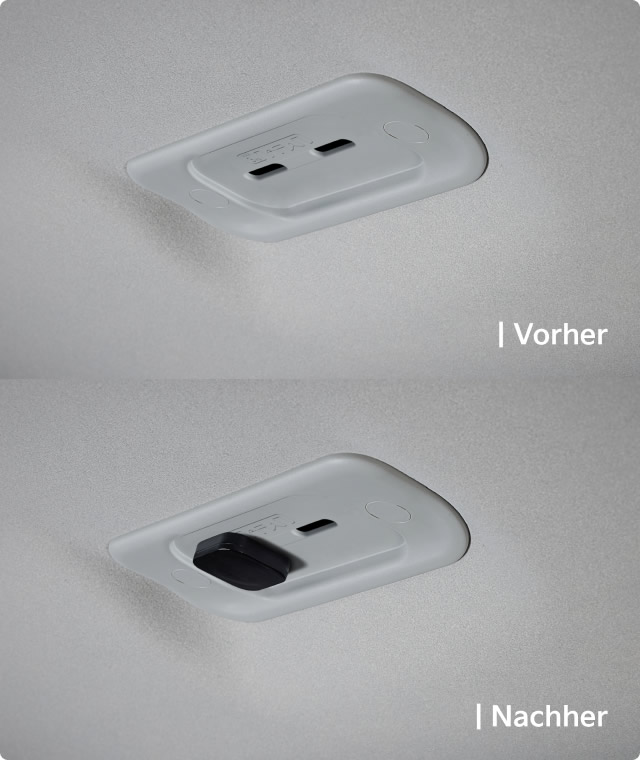 Detailansicht eines magnetischen Halters Am Fahrzeughimmel befestigt – gezeigt mit und ohne montierten Halter.